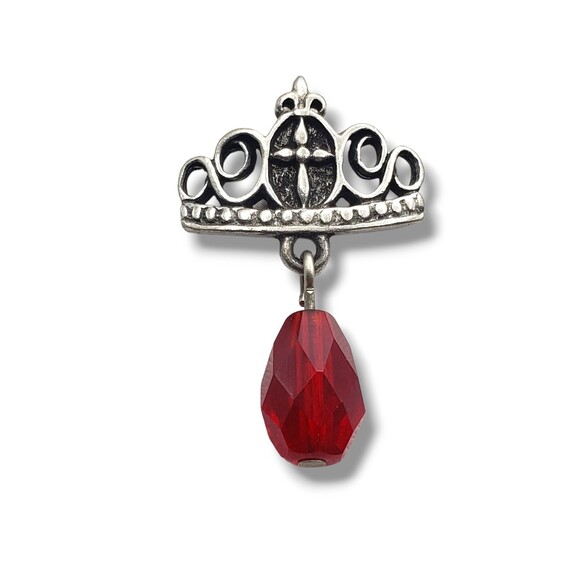 BSD Bob Siemon Designs Pewter Crown Fleur De Lis Red Bead Lapel Tie Pin - Picture 1 of 7
